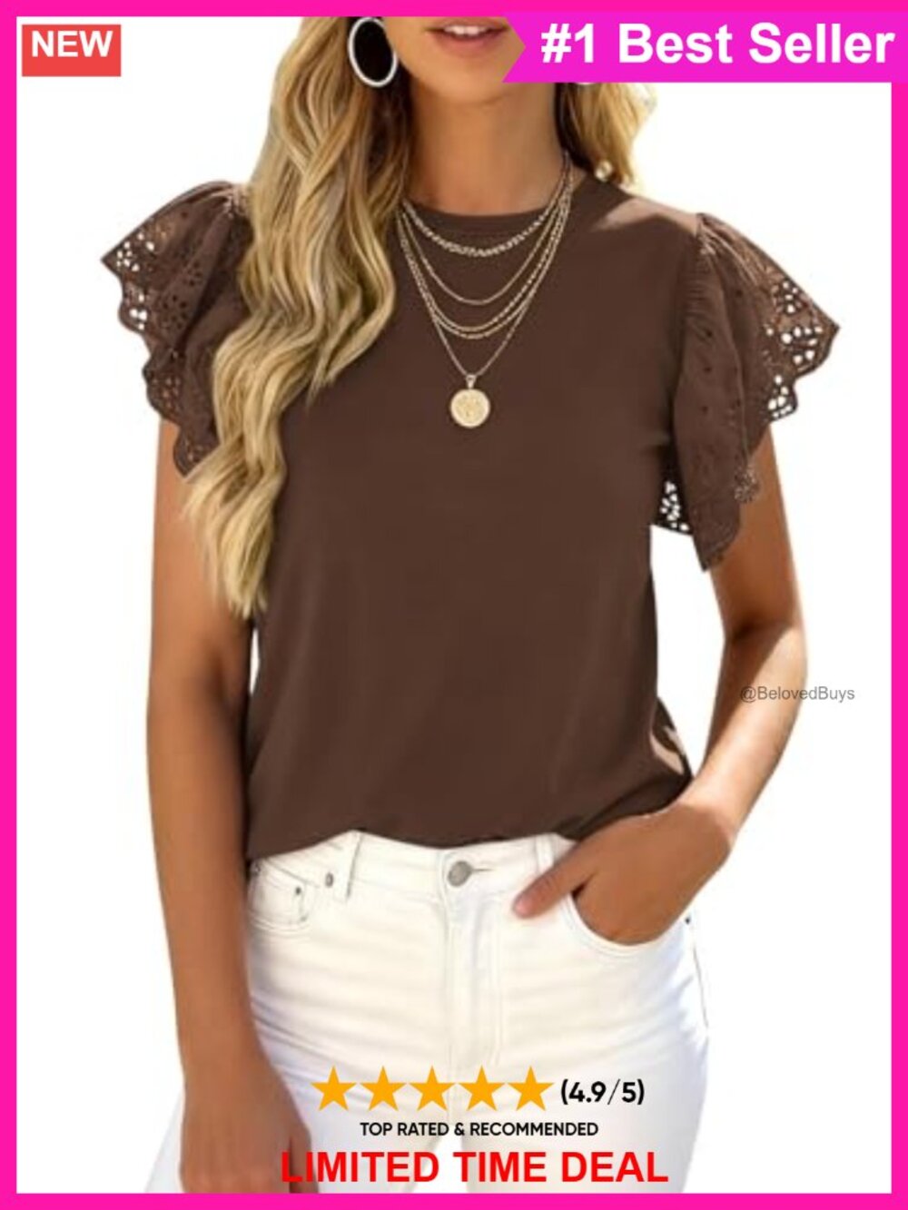 Womens Crewneck Ruffle Short Sleeve Hollow Out Lace Knit Summer Tee Blouse Top